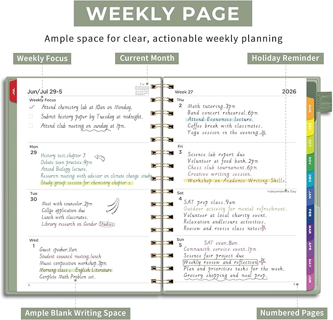 EMSHOI Academic Planner 2026-2027, Weekly and Monthly Calendar (July 2026 - June 2027), School Student Teacher Agenda Book, 100GSM Paper, PVC Cover, Colorful Tabs, A5 (6.38" x 8.35"), Light Green