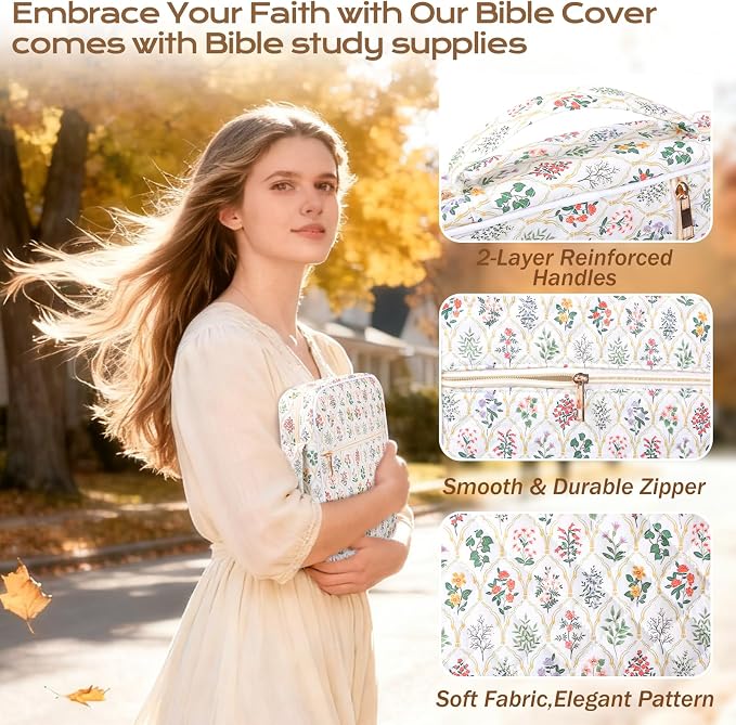XKDOUS Bible Bag for Women Large Bible Cover Case Kit with Handle, Tabs, Study Supplies Journaling Kit Church Book Holder Quilted Carrying Case Christian Gifts for Lady Friends