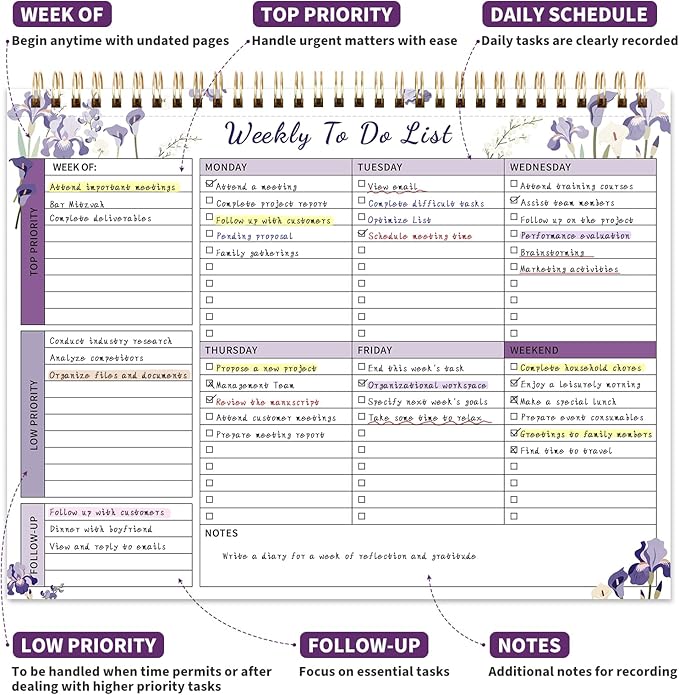 104 Pgs Weekly To Do List Notepad, 52 Duplex-Printed Undated Sheets 100 GSM（8.5"×11") Weekly Desk Planner For Work Home School Office Desk Accessories Supplies & Goal Setting Tasks - Purple Iris