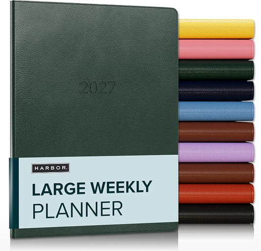 Harbor Large Weekly Monthly Planner 2027, Calendar Planner & Notebook - Durable Faux Leather, 192 Pages, Softcover & Book Bound - Leida Pine - 9.75x7.5"