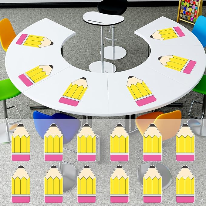 Whaline 12Pcs Pencil Dry Erase Dots Removeable Vinyl Sticker Spots Yellow Pink Pencil Shape Dry-Erase Board Stickers for Whiteboards Desks Wall Teaching Supplies