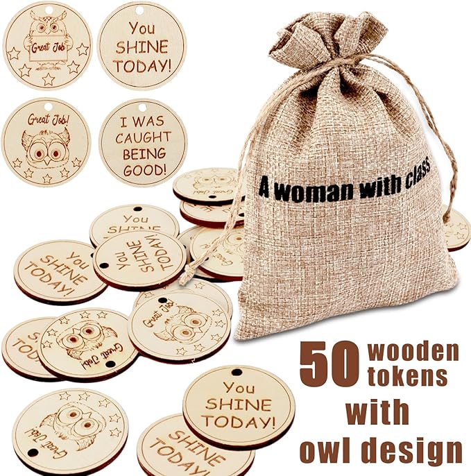 CypherX 50Pcs Wood Owl Tokens for Students Classroom Behavior Incentives Coin Back to School Gift for Teacher, Teacher Supplies for Elementary Preschool Kindergarten
