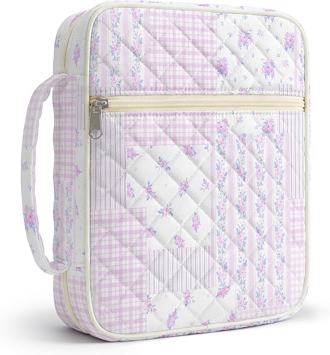 WOBAGMEN Bible Cover Case for Women,Large Bible Tote Bags Organizer Quilted Carrying Case for Girls,Bible Study Supplies Accessories Christian Gifts for Women (Purple Floral Patchwork, M)