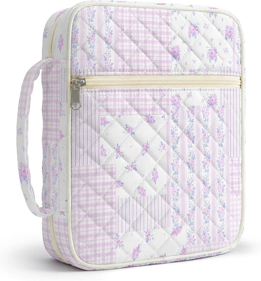 WOBAGMEN Bible Cover Case for Women,Large Bible Tote Bags Organizer Quilted Carrying Case for Girls,Bible Study Supplies Accessories Christian Gifts for Women (Purple Floral Patchwork, M)