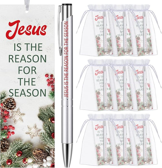 Dispowreath 24 Pcs/ 12 Sets Christian Gifts Bulk for Christmas Jesus is The Reason Gifts, 12 Winter Bible Verse Pen 12 Christian Bookmarks Religious for Church Sunday School Class Prizes Party Favors