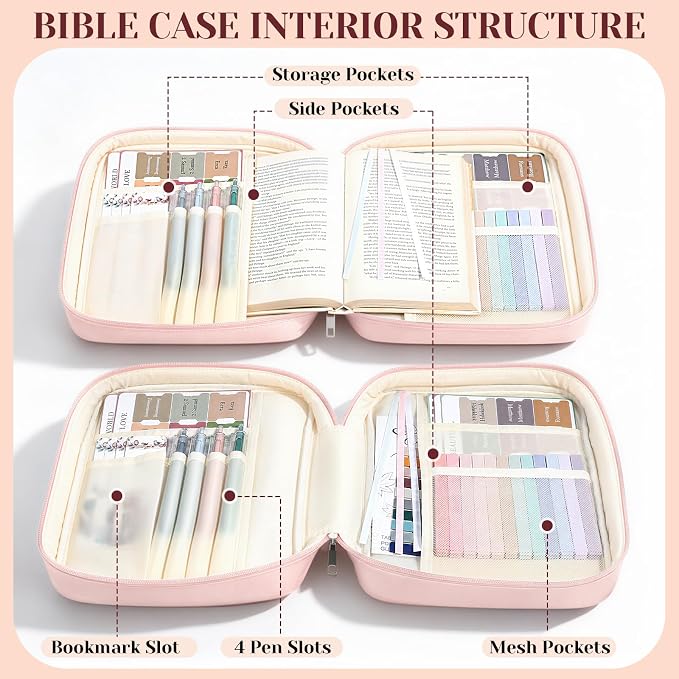 XKDOUS Large Bible Cover, Bible Bag with Handle, Durable Cross Design Bible Case with Bible Accessories, Bible Cover Case for Women and Men, Christian Gift (Pink)