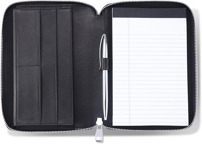 Leather Junior Padfolio for Men & Women with Pen Loop, Italian Calfskin, Business Portfolio Notebook Folder (Zippered Black)