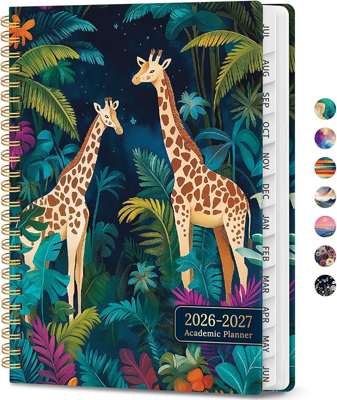 Academic Planner 2026-2027, Weekly and Monthly Calendar Book, July 2026 – June 2027, Hardcover Planner with Tabs, Perfect for Teachers, Students, Women & Men, A4 (8.5" x 11") - Giraffes