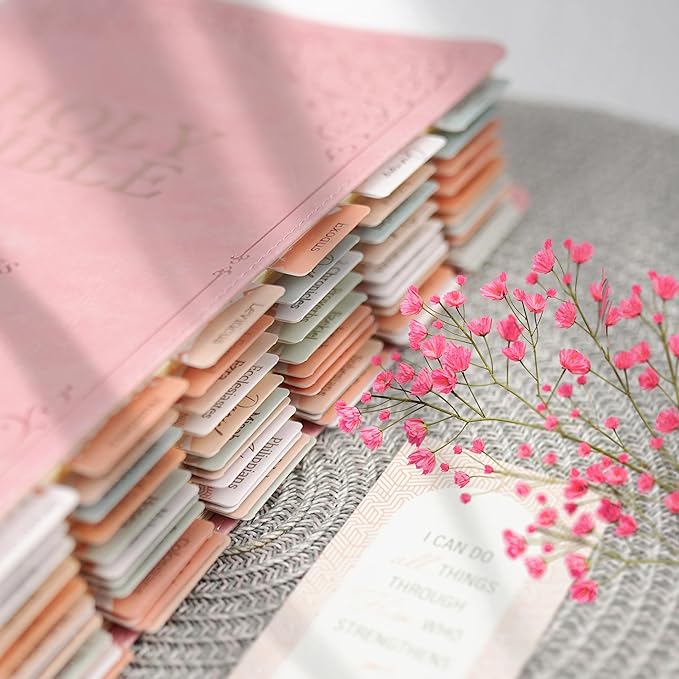OFFILICIOUS Bible Book Tabs, 100 Soft-Touch, Laminated Bible Tabs for Holy Bible, Durable Tabs for Bible, Protestant & Catholic Bible Tabs, Pink Bible Tabs for Women