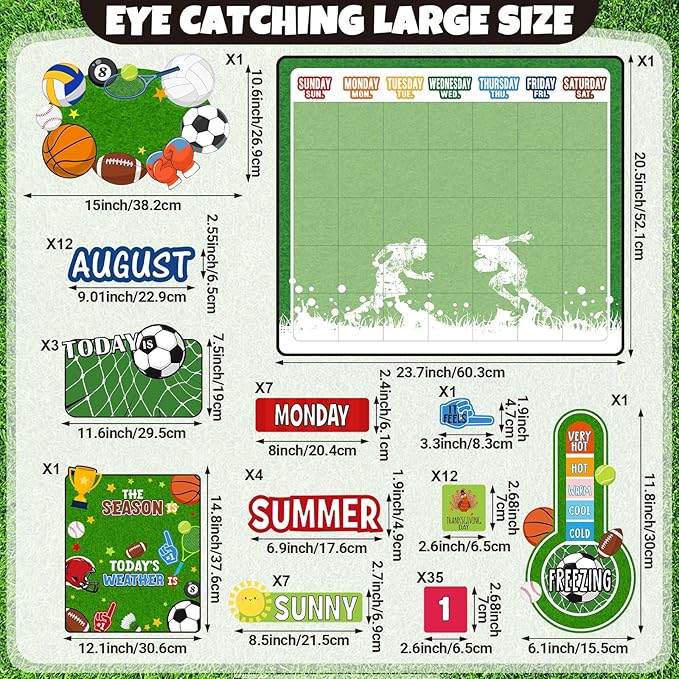 Cholemy 85 Pcs Calendar Bulletin Board Set Classroom Calendar Bulletin Board with Numbers Month Weather Classroom Decoration Wall Decor for Chalkboard Back to School Supplies(Sports)