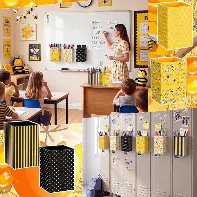 6 Pcs Bee Theme Classroom Decor Classroom Magnetic Storage Boxes Magnetic Storage Containers Plastics Pen Holder for Refrigerator Whiteboard Home Office School Organizer Supply