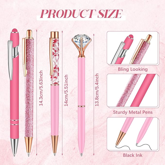 Sabary 8 Pcs Pink Pens with Pen Holder for Desk Glitter Crystal Diamond Cute Ballpoint Fancy Pencil Holder Bling Desk Organizer for Women Girls School Office Supplies Wedding Graduation Gifts