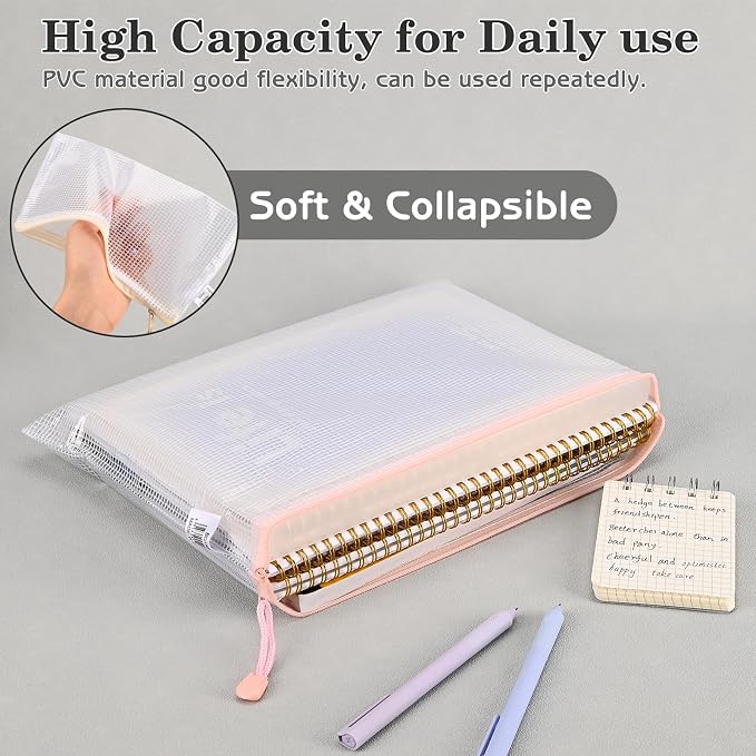 15Pcs Mesh Zipper Pouch Bags, 3 Sizes Waterproof Mesh Bag, Zipper Pouches for Organization Storage, Clear Plastic Bags for Homeschool Organization and Board Game Storage (A4 & A5 & A6)