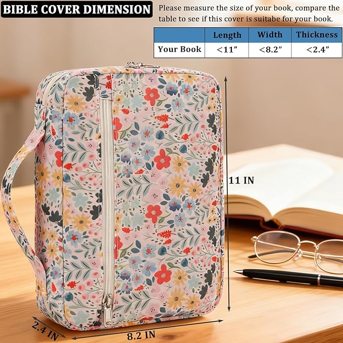JIANYA Bible Cover for Women Girls Bible Case Bible Book Cover Carrying Case Church Bag with Handle and Zippered Pocket, Flowers Print Beige