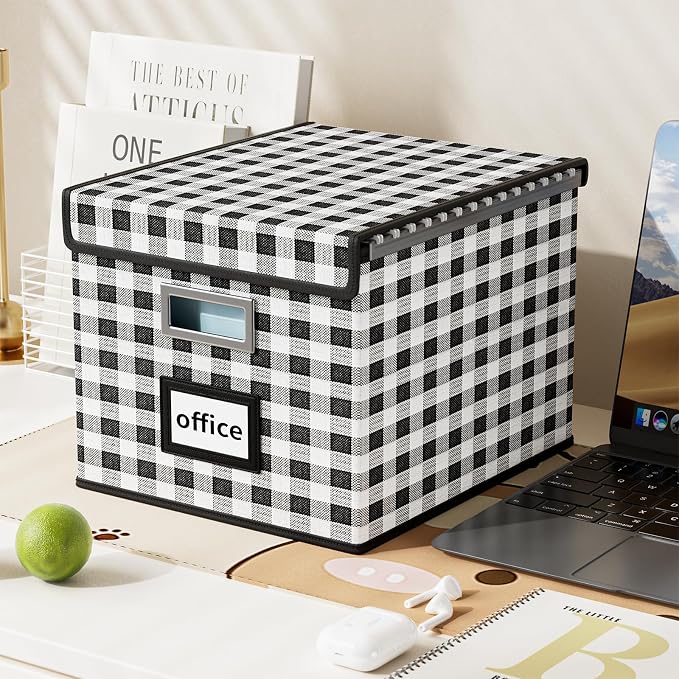 Decorative File Organizer Boxes Office Document Storage with Lids, Linen File Storage Organizer Boxes, Universal Hanging Filing Organization Box for Letter/Legal Folder,Home File Storage Bins
