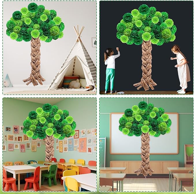 Christmas Tree Bulletin Board Set DIY 3D Tree with Paper Pom Poms Kraft Craft Xmas Bulletin Board Classroom 3D Wall Decorations for Holiday Party School Chalkboard Teacher Supplies(Green)