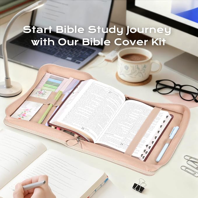 XKDOUS Bible Cover Case for Women, Gold Foiled Leather Bible Bags with Study Supplies, Tabs, Bookmarks, Pens, Large Book Carrying Case with Handle, Christian Gifts for Mom Lady Men