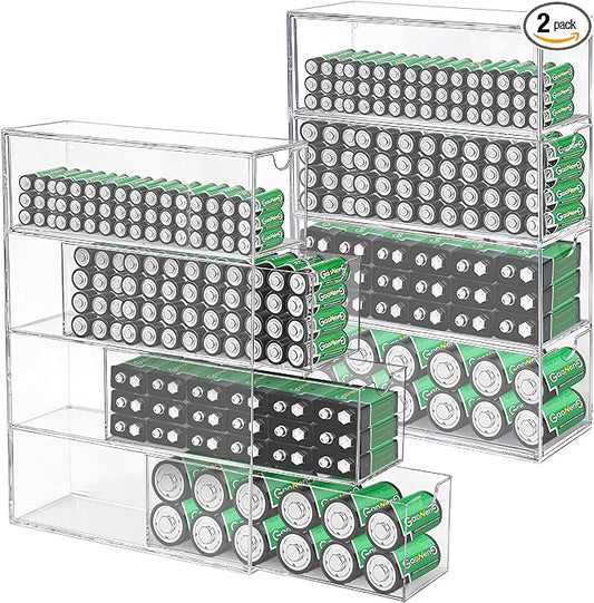 2 Pack Clear Acrylic Battery Storage Organizer for AA, AAA, C, 9V Batteries, 4-Drawer Battery Organizer for Common Types Batteries(Batteries Not Included)