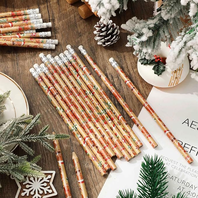 Whaline 36Pcs Christmas Pencils with Erasers Cute Gingerbread Man Writing Pencil Cartoon Christmas Wood Pencils for Winter Xmas Stationery Gift Party Favors
