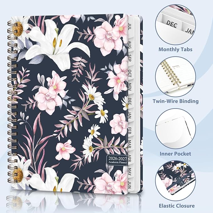 Academic Planner 2026-2027, Weekly and Monthly Agenda Planner, Daily Calendar Planning Notebook (July 2026 - June 2030), School Teacher Student Supplies, Elegant Florals
