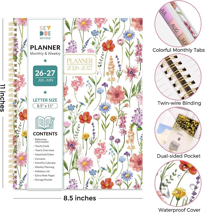 SKYDUE 2026-2027 Monthly and Weekly Academic Planner, July 2026-June 2027, 8.5"x11", Agenda Calendar with Colorful Tabs and Storage Pocket, Ideal for School Office Supplies