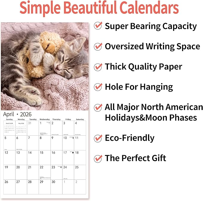 2026 Wall Calendar,Calendar 2026, November 2025 - December 2026, Wall Calendar Cat Kitten, 12" X 24" Opened,Full Page Months Thick & Sturdy Paper for Calendar Organizing & Planning