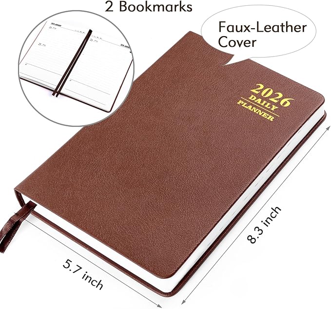 KESOTE 2026 Daily Hourly Planner - One Page a Day, 2026 Diary 5.7 x 8.3" Hardcover Weekly Monthly Planner Agenda 12 Month, A5 Notebook, Brown