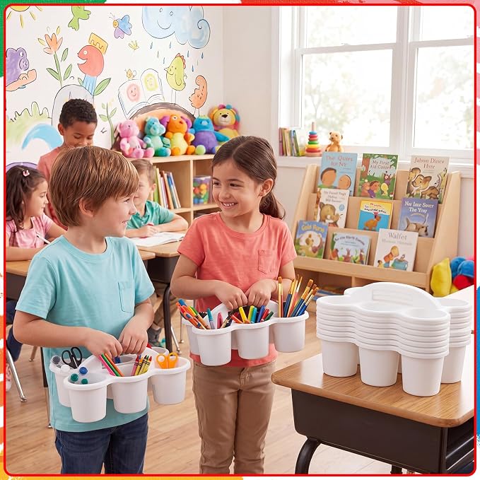 12 Pack Classroom Caddy Organizer with Handle Bulk Plastic Drink Cup Caddy Holder School Storage Supplies with 6 Compartments for Table Crayon Pencil Drink Delivery(White)