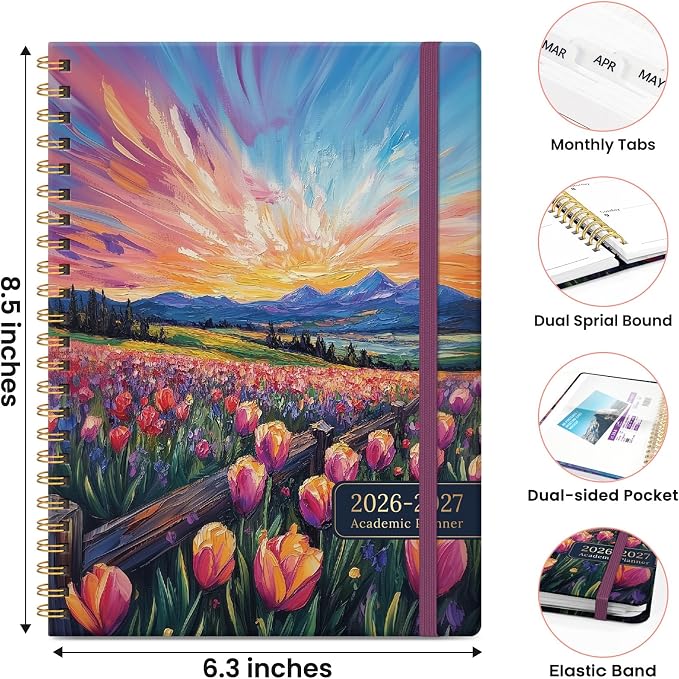Planner 2026-2027, Monthly and Weekly Calendar Academic Planner July 2026 - June 2027, Hardcover Student Teacher Planning Agenda Book with Tabs, Perfect for Office School Supplies, A5 (6.3" x 8.5") - Radiant Pastures