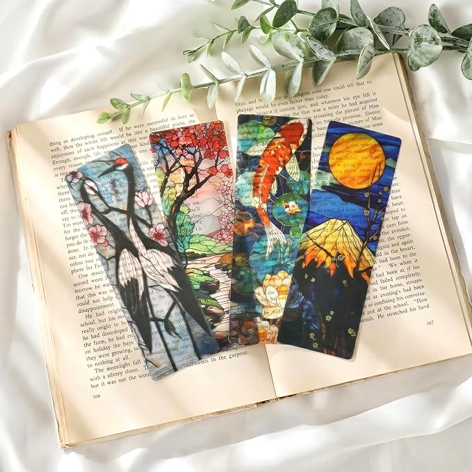Pretty Stained Glass Bookmark - 10 Pcs Japanese Nature Art Bookmarks for Women Men Book Lovers Students Aesthetic Page Marks School Office Reading Accessories Bookish Birthday Graduation Gifts