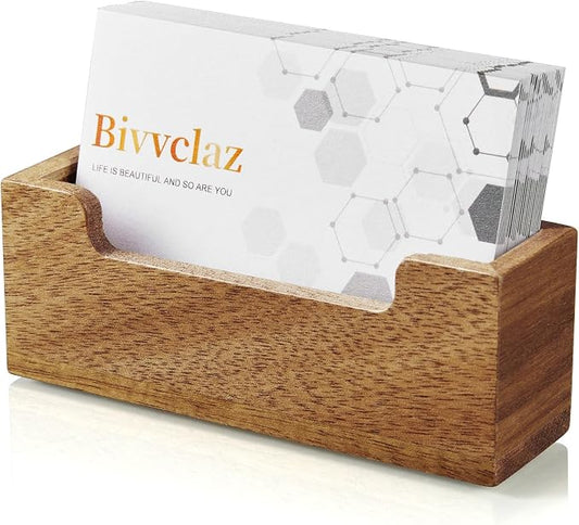 Bivvclaz Business Card Holder Desk, Acacia Wood Business Card Organizer Desktop Business Card Display Stand for Office Tabletop Exhibition, Small Business Essentials