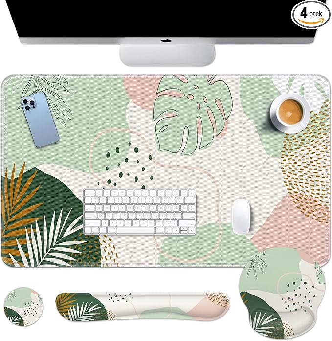 Britimes Green Boho Leaves Keyboard Mouse Pad Set 4in1 Large Mousepad+Keyboard Wrist Rest+Mouse Wrist Rest+Coaster Set with Ergonomic Design for Home Office Computer 35.4x15.7 inches