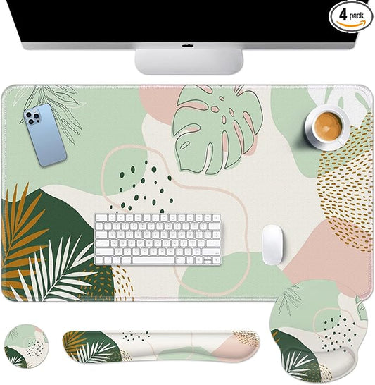 Britimes Green Boho Leaves Keyboard Mouse Pad Set 4in1 Large Mousepad+Keyboard Wrist Rest+Mouse Wrist Rest+Coaster Set with Ergonomic Design for Home Office Computer 35.4x15.7 inches