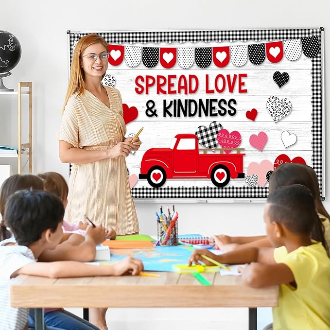 Valentine's Day Bulletin Board Set Valentines Day Classroom Decorations Black White Paper Cutout Love Red Truck Heart Bulletin Board Border for School Chalkboard Door Supplies