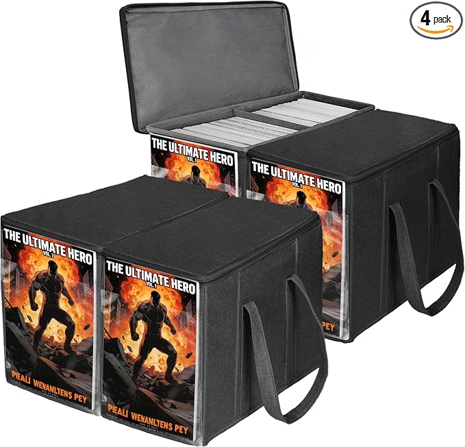 4 Pack Fabric Comic Book Storage Box, Sturdy Comic Book Holder with Adjustable Divider, Collapsible Book Organizer Holds 160-180 Comic Book Heavy Duty Bin Container, Black
