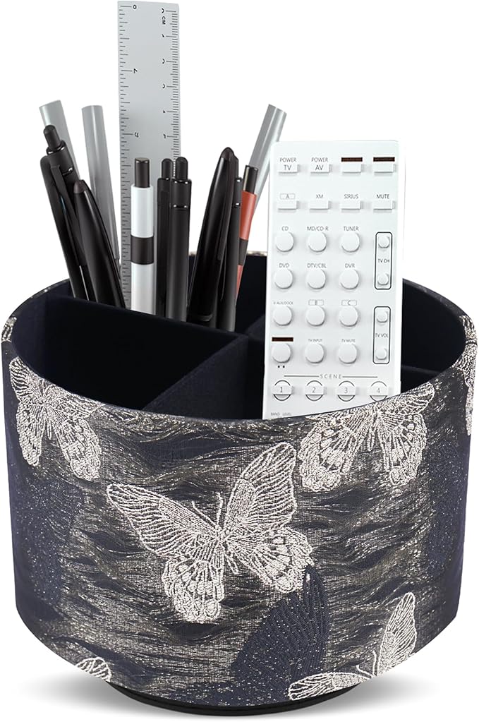 Round Leather Art Supply Organizer,Remote Control Holder,360-degree Rotating Pen Organizer with 4 Compartments(1-Butterfly Gold)