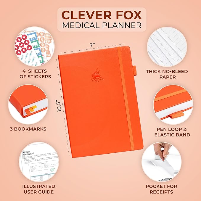 Clever Fox Large Medical Planner 12-Month – Medical Notebook, Health Diary, Wellness Journal to Track Health – 12 Months, 7x10.5″ (Orange)