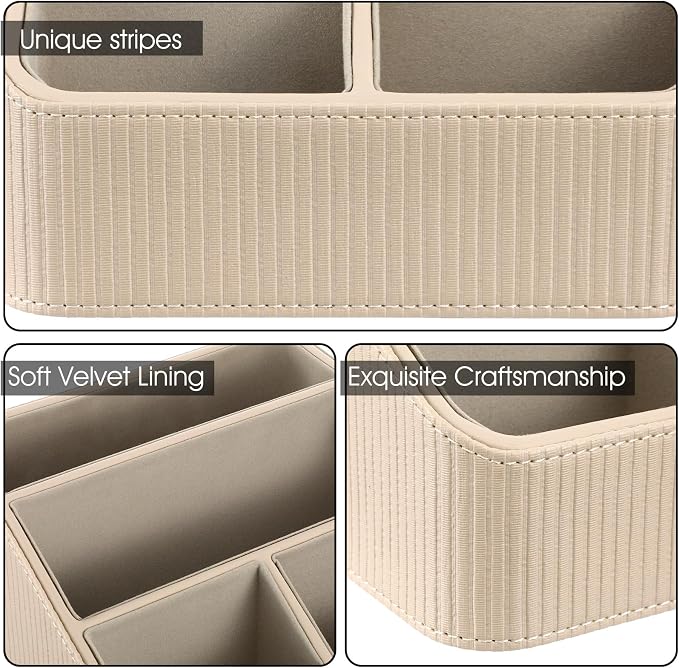 Remote Control Holder with 4 Compartments, PU Leather Desktop Organizer for Nightstand or Desk, Multifunctional Storage Box for Office Supplies and Home Accessories (Beige)