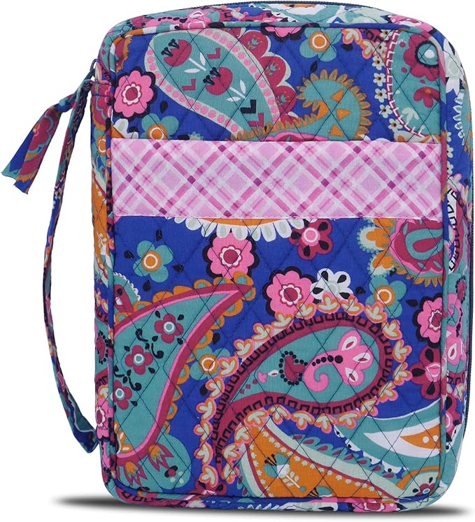 DIWI Quilted Cotton Bible Cover Bible Case Book Bag Large Sizes 10 X 7 X 2.75 Inches (C1 Pink Blue, L)