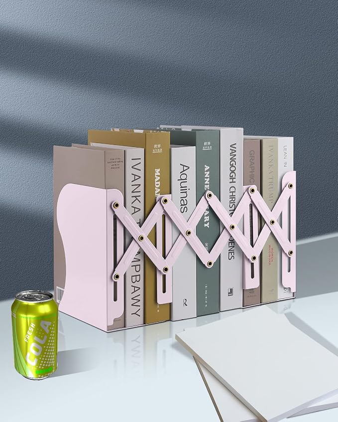 MSDADA Adjustable Bookends, Book Ends for Heavy Books, Expandable Book Organizer for Desk, Shelf, Office, School, for 6 7 8 9 10 11-15 Boys and Girls, Extends up to 19 inches (Macaron Pink)