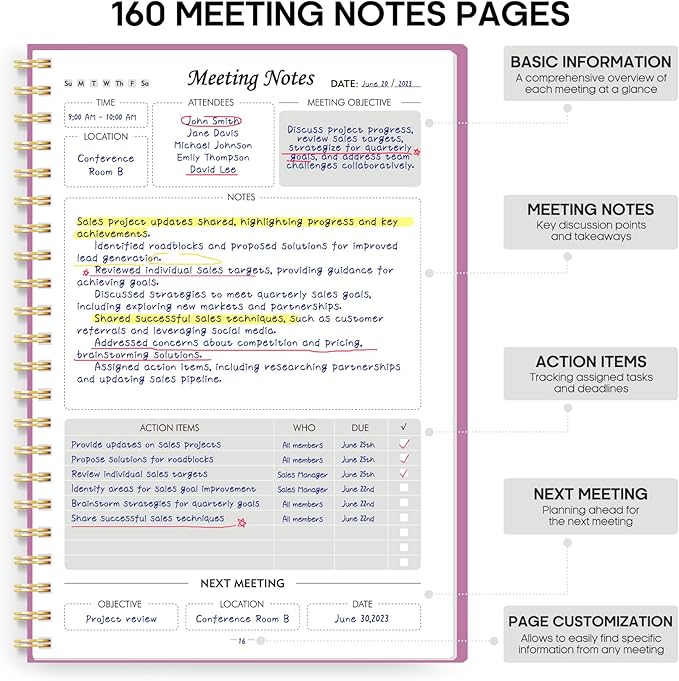 Taja Meeting Notebook for Work Organization - Work Planner Notebook with Action Items, Agenda Planner for Note Taking, 160 Pages (6.9" X 9.9") Project Organizer for Men & Women - Purple