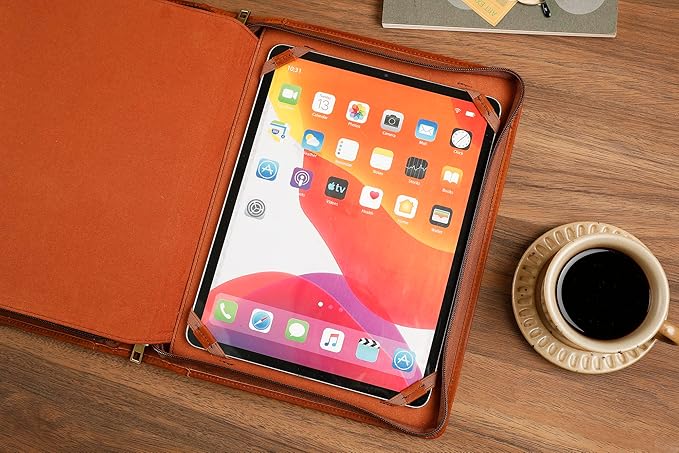 Leather Portfolio for 13-in iPad Pro M4/M5 & 13-in iPad Air M2/M3, Leather Padtfolio with ipad Holder for Letter Size Notepad, Personalized Padfolio for Men - Brown
