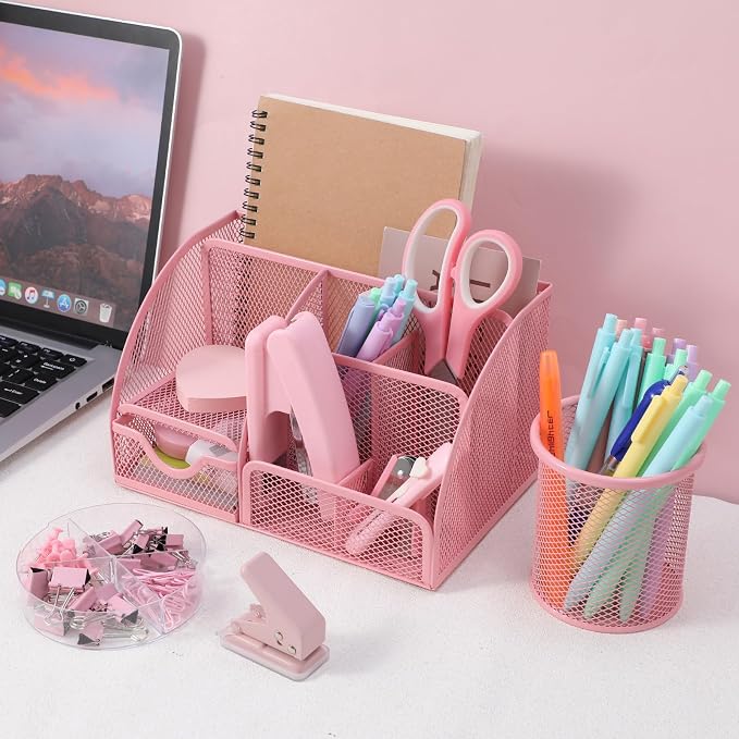 Pink Office Supplies, 12PCS Pink Desk Accessories Set Include Mesh Desk Organizer, Tape Dispenser, Stapler, 1000 Staples, Staple Remover, Pen Holder, Clips Set, Scissors, Sticky Notes for Women