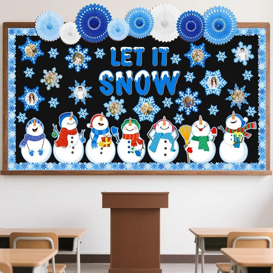 Winter Bulletin Board Decorations - Christmas Snowman Decor Winter Selfie Bulletin Board Decor with 3D Paper Fans Snowflakes Snowman Cutouts for School Wall Door Christmas Holiday Party Supplies