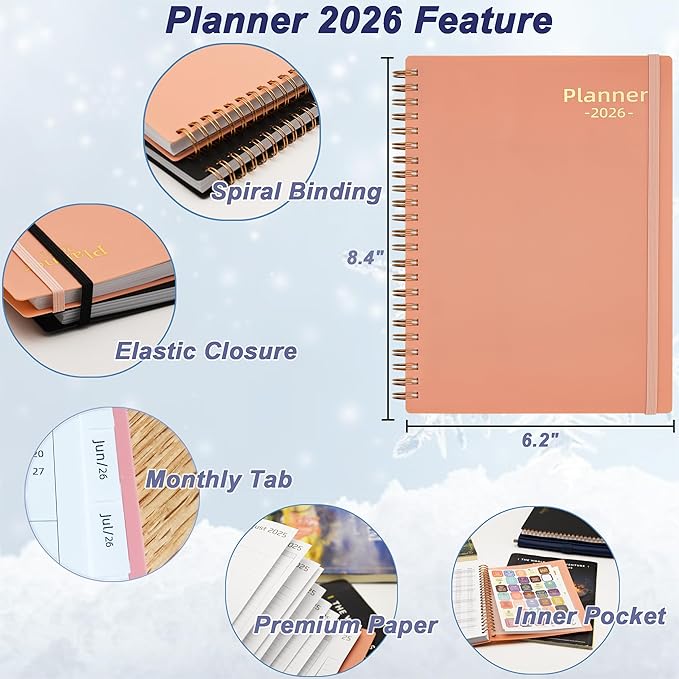 Day Planner 2026, Weekly and Monthly Planner 2026, Jan 2026-Dec 2026, 6.2" x 8.4", Calendar Daily Planner with Tabs & Pocket, 100GSM Thick Paper, Pink