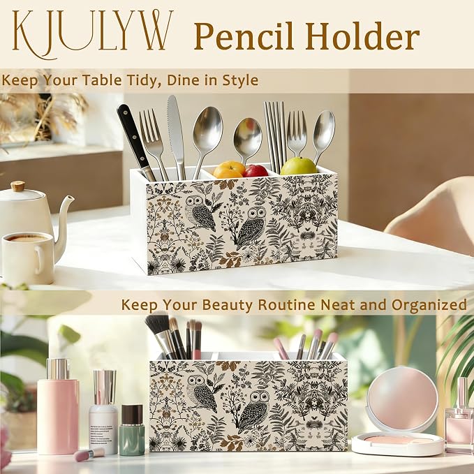 Owl Pen Holder for Desk, Owl Lover Gifts, Neutral Botanical Wildlife Bird Wooden Box Pencil Pen Holder Organizer for Home Office Desk Accessories