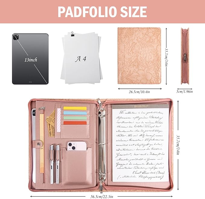 Calfinder Padfolio for Women,Embossed Leather 3 Ring Portfolio Binder,Business Portfolio Organizer with Tablet/Documents Holder,Leather Pink Padfolio Binder for Interview/Office,Valentine's Day Gift