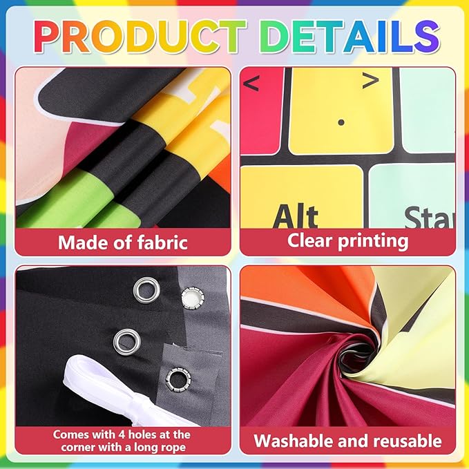 2Pcs Computer Keyboard Backdrop Keyboard Shortcuts Hanging Banner Computer Lab Wall Art Educational Technology Background for Back to School Classroom Decor Elementary Middle School Teacher Supplies