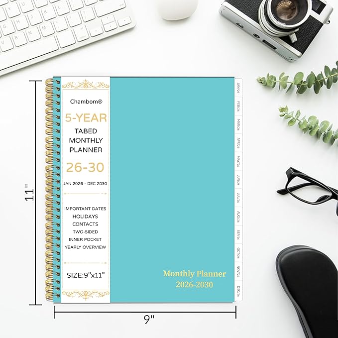 2026-2030 Monthly Planner, 5 Year Monthly Planner/Calendar 2026-2030, 60-Month Jan 2026 – Dec 2030, 9" x 11", Tabs, Double-Side Pocket, Holidays, Thick Paper - Green