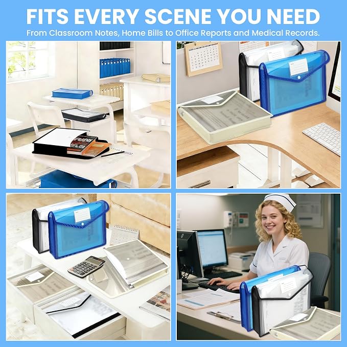 3Pcs Plastic Expanding File Folder, Transparent envelopes with Snap Closure, No Dividers, Large Capacity, Colorful File Folder Organizer, Accordion File Organizer, Fit Letter/A4 Size for Office/School